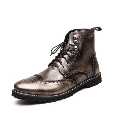 Imagem de Botas masculinas Chukka com cadarço de salto baixo formal de couro sintético botas de motocicleta elegantes e confortáveis para homens Brogue Oxford sapatos de cano alto, Dourado, 43