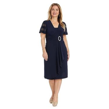 Imagem de R&M Richards Vestido feminino falso com manga curta e detalhe de fivela lateral | Estilo casual semiformal rodado na altura do joelho, Azul marino, 52