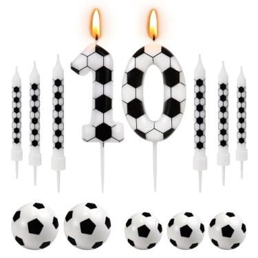 Imagem de Velas de aniversário de 10 anos, 12 peças de decorações de festa de aniversário com tema de futebol, número 10, vela de futebol para meninos, meninas, crianças, artigos de festa com tema esportivo