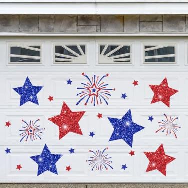 Imagem de JarThenaAMCS 24 peças de ímãs patrióticos para porta de garagem azul vermelha estrela fogos de artifício adesivos magnéticos de geladeira para decoração de festa de 4 de julho, Dia da Independência
