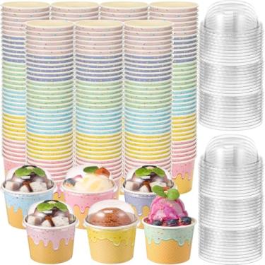 Imagem de Jingmore Pacote com 240 copos de papel para sorvete com tampas, tigelas de sorvete descartáveis de 113 g, copos de sobremesa, 5 cores, recipiente de bolo para lanche para comida quente ou fria