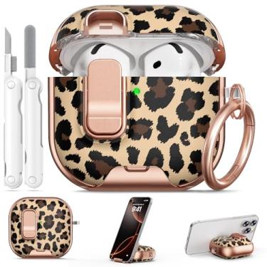 Imagem de Polislime Capa para AirPods 4, com trava de segurança e suporte de telefone para AirPods florais 4ª geração, capa para mulheres, capa para iPod 4 com chaveiro e kit de limpeza - estampa de leopardo
