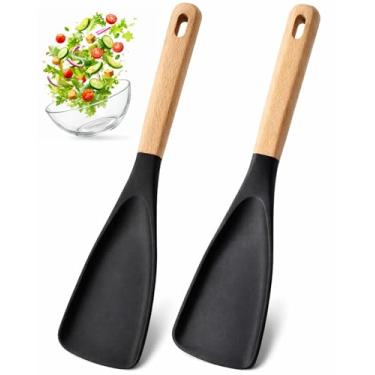 Imagem de 2 colheres de cedro e cinzas, espátula multifuncional para cozinhar, colher de silicone 3 em 1 para mexer, colher e servir, design de cabo de madeira (2 preto)