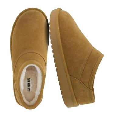 Imagem de CUSHIONAIRE Hilo-3 Pantufas femininas confortáveis de camurça, forro de pele sintética macia, sem cadarço, para casa, com espuma viscoelástica acolchoada, Camurça genuína de folha de castanha, 7 Wide