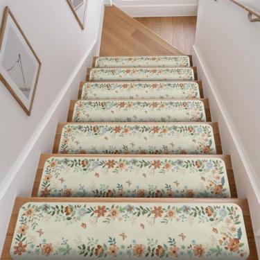 Imagem de Passos de escada antiderrapantes 20.3 cm x 76.2 cm escada passos, tapete de escada com suporte de borracha bege floral lavável reutilizável degraus de escada para degraus de madeira, escada de
