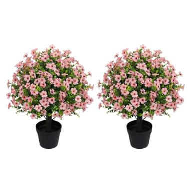 Imagem de Aoutyers Conjunto de 2 plantas artificiais de eucalipto artificial de 61 cm para ambientes externos – mães falsas de vegetação sintética resistente a UV com flores de seda rosa em vasos de cimento
