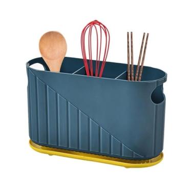 Imagem de Porta-utensílios organizador de colheres e garfos organizador de utensílios de secagem suporte de colher de cozinha compacto drenagem pauzinhos gaiola talheres organizador de utensílios (azul)