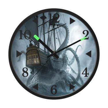 Imagem de STAYTOP Relógio de parede LED polvo e navio na tempestade para quarto com brilho noturno, relógios de parede silenciosos de 30,5 cm para decoração de sala de estar, controle de som, relógio de parede