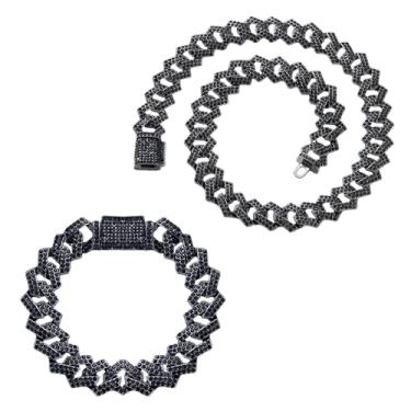 Imagem de OWNCOOL 2 peças de corrente de elos cubanos pretos com corrente de diamante cubano gelado e pulseira hip hop joias para homens e mulheres, 7" Bracelet and 18" Necklace, Metal, Zircônia cúbica