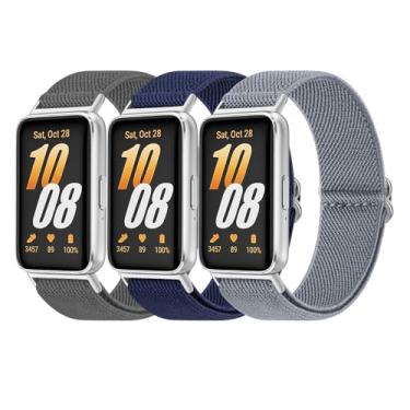 Imagem de Pacote com 3 pulseiras femininas para Samsung Galaxy Fit 3 masculinas, pulseira de reposição de nylon macio ajustável compatível com acessórios para smartwatch Galaxy Fit 3 (cinza + azul marinho +