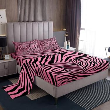 Imagem de jejeloiu Jogo de lençol Queen com estampa de animal de zebra e leopardo, para meninos e meninas, adolescentes, preto e rosa, simples, moderno, listras, decoração de quarto, respirável, macio, 4 peças
