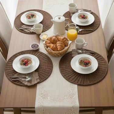 Imagem de Jogo Americano Redondo 38Ccm Rattan Sintético Kit 12 Peças Marrom (4)