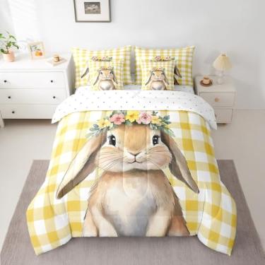 Imagem de jejeloiu Conjunto de edredom fofo de coelhinho kawaii, tamanho casal, 7 peças, para todas as estações, para crianças, meninos, meninas, adolescentes, cama xadrez amarela em uma bolsa com edredom,