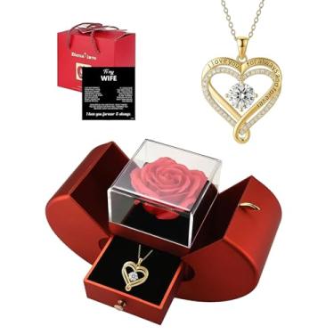 Imagem de ziella Caixa de rosas de flores preservadas com colar de coração duplo, presentes de rosa eterna do marido no dia dos namorados, aniversário de aniversário (You're The Love of My Life, dourado)