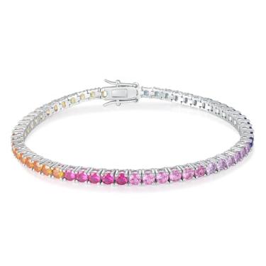 Imagem de GEMSME Pulseira feminina de tênis de 3,0 mm - pulseira de zircônia cúbica arco-íris, banhado a ouro branco 14 quilates, corte redondo, colorido, zircônia cúbica para presente de joias, 7.5 inch