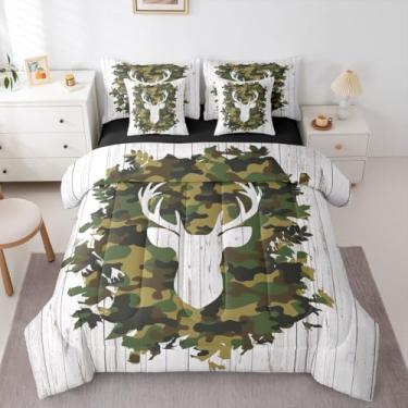 Imagem de Erosebridal Conjunto de edredom queen com estampa de veado camuflado, branco, verde-escuro, 7 peças | Jogo de cama com chifres da floresta para caçar casa de fazenda para crianças e adultos