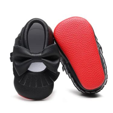 Imagem de Bebila Mocassins de bebê com franja de laço duplo – Sapatos de bebê com sola macia para meninas, Blackmary, 0-3 Months Toddler