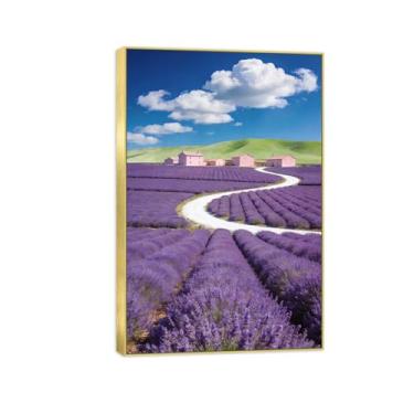 Imagem de Impressão em tela de paisagem pronta para pendurar - nuvens flores roxas campo - pintura de arte de parede - decoração de casa moderna imagem moldura dourada 20 x 30 cm 8 x 12 pol