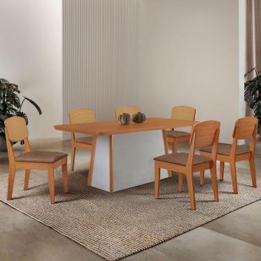 Imagem de Mesa Jantar Diane 180cm Tampo Mdf Lam 6 Cadeiras Copper Prem Moderna Tork Naturale Off White