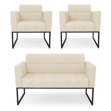 Imagem de Kit 1 Sofá Namoradeira E 2 Poltronas Linho Base Metálica Industrial Preto - D'rossi Cor A19 Bege