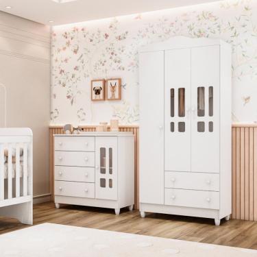 Imagem de Quarto de Bebê Ariel Guarda Roupa 3 Portas Cômoda Infantil com Porta Fraldário Branco Carolina Baby