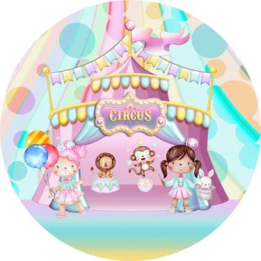 Imagem de Painel de Tecido Sublimado Redondo Circo Aquarela Colorido Animais e P