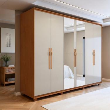Imagem de Guarda-roupa Casal 6 Portas 6 Gavetas com Espelho e Pés 100% Mdf Suavitá Amêndoa Clean/ Off White
