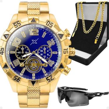 Imagem de relogio masculino dourado + oculos uv proteção + cordão qualidade prem