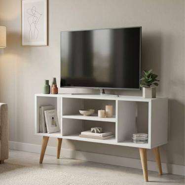 Imagem de Rack Retrô Branco Para Tv Paris 4 Nichos Pés Madeira Maciça