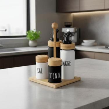 Imagem de Galheteiro 5 Peças Hauskraft Doha com Suporte Bambu Azeite Vinagre Sal