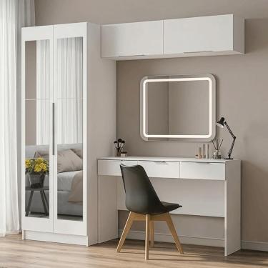 Imagem de Conjunto Quarto 1 Penteadeira 2 Aéreos 1 Guarda-Roupa com Espelhos 2 Portas Neo Branco...