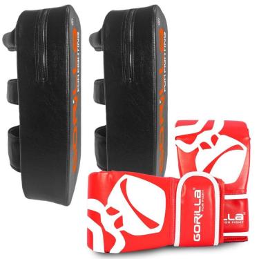 Imagem de Kit Muay Thai Par Aparador Almofada De Chute + Luva Bate Saco PRO Treino Boxe MMA Goril...