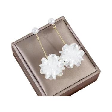 Imagem de Brincos Pendentes De Flor Em Concha De Cristal Branco Imitado, Acessór