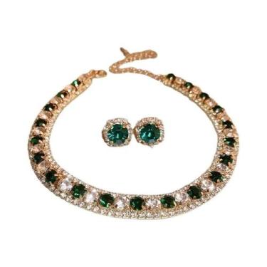 Imagem de Conjunto De Colar Choker De Cristal Verde Com Brincos Para Mulheres, J