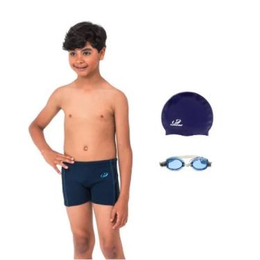 Imagem de Kit Sunga Boxer Infantil Helanca C/ Detalhe + Óculos + Touca Natação H