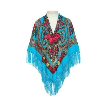 Imagem de Lenço Feminino Retrô De Algodão Estampado Com Franjas 51x51in, Xale, H