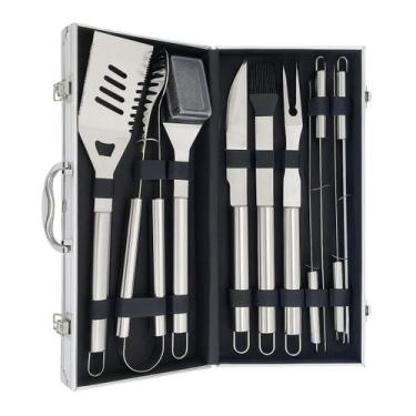 Imagem de Kit Churrasco 10 Peças em Aço Inox com Maleta para Churrasqueiro - Loj