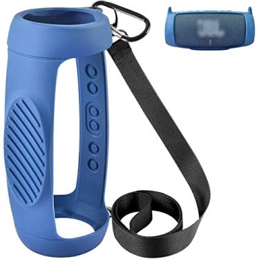 Imagem de Capa de silicone para caixa de som JBL Charge 5 à prova d'água portátil Bluetooth, gel protetor de viagem para pele macia, bolsa de borracha à prova d'água com alça de ombro e mosquetão - azul