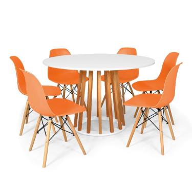 Imagem de Conjunto Mesa de Jantar Talia Amadeirada Branca 120cm com 6 Cadeiras Eames Eiffel - Laranja