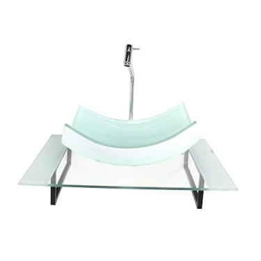 Imagem de KIT CUBA DE VIDRO RETANGULAR CURVADA COM TAMPO 60CM BRANCO E SUPORTE PRETO