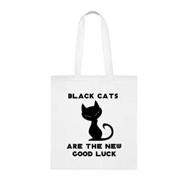 Imagem de Black Cats Are The New Good Luck Sacola, Sacola Engraçada, Bolsa de Ombro, Sacolas Reutilizáveis, Cesta de Aniversário de Natal, Branco