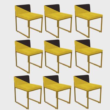 Imagem de Kit 09 Cadeira Office Lee Duo Sala de Jantar Industrial Ferro Dourado Sintético Amarelo e Marrom - Ahazzo Móveis