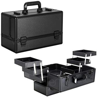 Imagem de Ver Beauty Grande organizador profissional de maquiagem, estojo de viagem resistente para maquiadores com 6 bandejas de camadas extensíveis e 2 suportes de pincel, preto fosco (VP001-22)