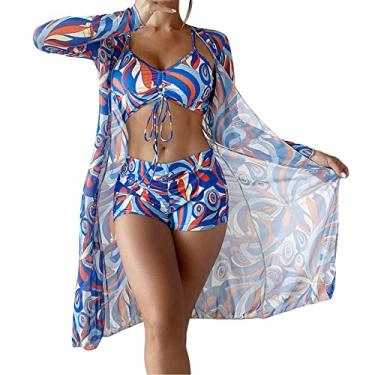 Imagem de Biquíni de cintura alta 2022 sexy conjunto de biquíni de 3 peças para mulheres de manga comprida push up júnior trajes de banho, F, M