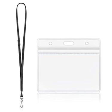 Imagem de Cordão separável com suporte de crachá Plástico transparente Porta-cartões de identificação horizontal com cordões removíveis da ZHEGUI (preto acetinado, pacote com 100)