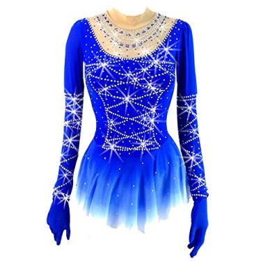 Imagem de Vestido de patinação no gelo para meninas manga comprida com contas azul degradê patinação vestido para mulheres manga com luva, Azul, 14