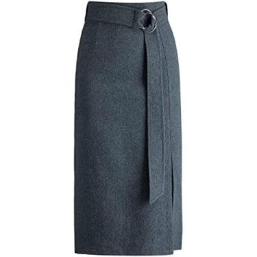 Imagem de Saia De Cintura Alta De Lã – Saia Lápis De Lã De Tamanho Grande De Cor Sólida Com Cinto Destacável Saias Midi, Saias De Lã Decorativas Femininas, Saia Lápis Feminina Outono Inverno,Preto,XXG,Const