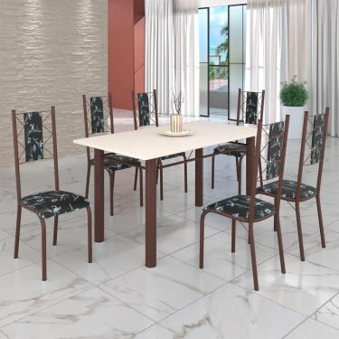 Imagem de Conjunto Sala de Jantar Bahia Mesa Tubo 140x75cm Tampo Madeira com 6 Cadeiras Preto Floral / Marrom