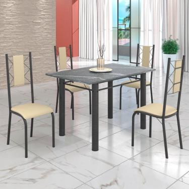 Imagem de Conjunto Sala de Jantar Bahia Mesa Tubo 120x75cm Tampo Pedra Granito Topázio com 4 Cadeiras Creme/Prata