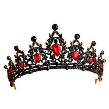 Imagem de Lurrose Coroa de noiva barroca com strass preto, tiaras góticas chiques vintage cristal rainha princesa coroa tiara para casamento, formatura Halloween (vermelho)